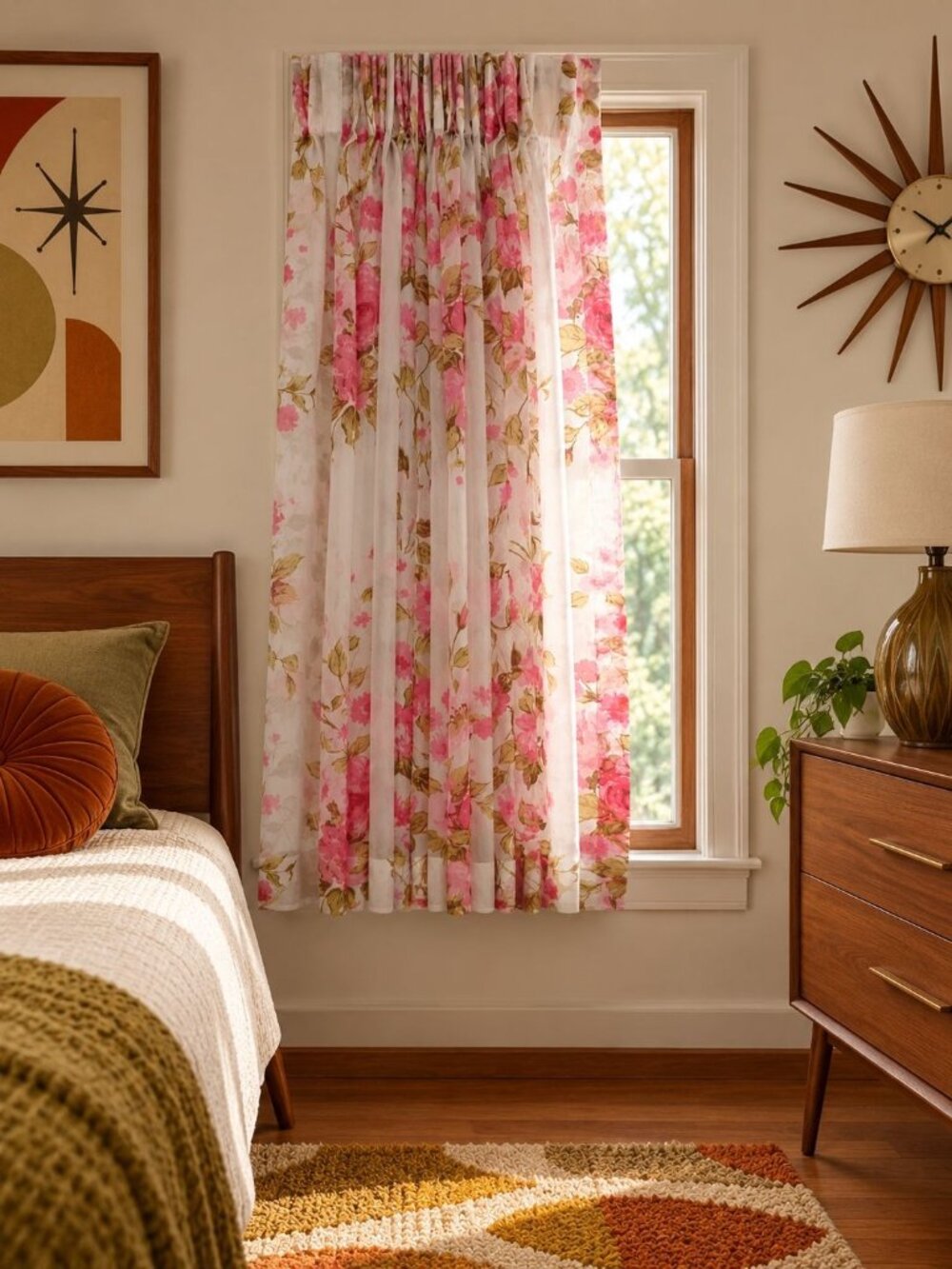 Vintage 1950s Drapes Curtains Weighted Corners Gauzy White Rose Pattern 48"x44"